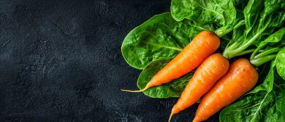 Wall Mural -  Three carrots atop a leafy green plant against a black background