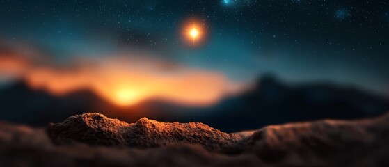 Canvas Print -  An artist's depiction of a distant star in the night sky, hovering above a rugged mountain peak, surrounded by a canopy of twinkling stars