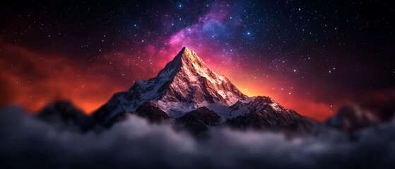 Wall Mural -  A mountaintop shrouded in clouds against a backdrop of a star-filled night sky, glowing pink and blue at its peak