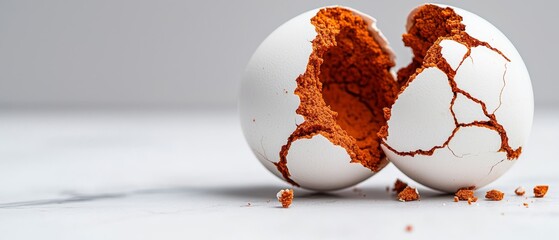 Sticker -  A cracked egg atop a table, nearby its eggshells against a pristine white surface