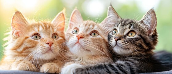  Three kittens lie together on a couch One gazes at the camera