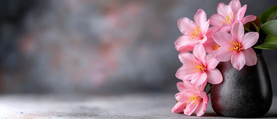 Wall Mural -  A black vase, brimming with pink blossoms, rests atop a pristine white table Adjacent lies a vase in gray and black tones,