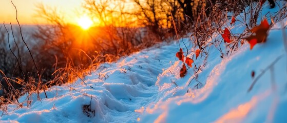 Poster -  The sun sets over a snow-covered hill with trees in the foreground and bushy foliage at its base