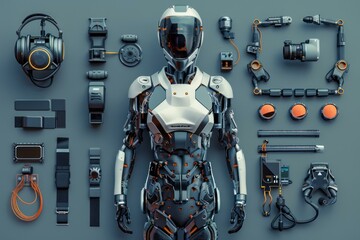 Poster - Advanced humanoid robot lying down on a blue surface surrounded by spare parts