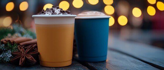 Sticker -  Two cups of coffee on a wooden table, near a Christmas tree adorned with twinkling lights