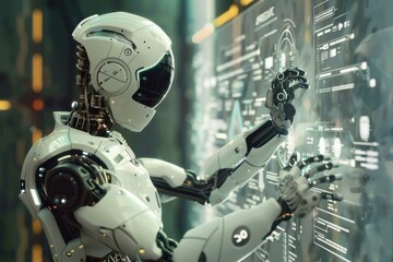 Poster - Humanoid robot is analyzing data and managing a futuristic touchscreen user interface in a laboratory