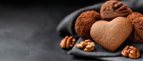 Canvas Print -  A cloth holds a pile of heart-shaped cookies and another pile of walnuts One walnut sits separately