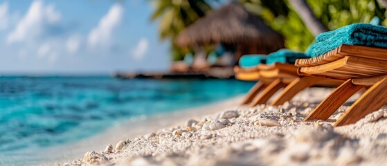 Canvas Print -  Two lounge chairs atop a sandy beach, adjacent to a body of water and palm trees in the backdrop