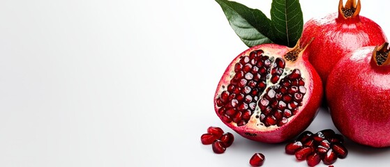  Two pomegranates situated alongside each other on a white, pristine surface Green leaves accompany them