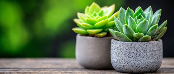 Poster -  Two potted plants atop a wooden table against a lush, green foliage backdrop