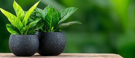 Canvas Print -  Two black vases atop a wooden table, next to a green plant with leafy tops