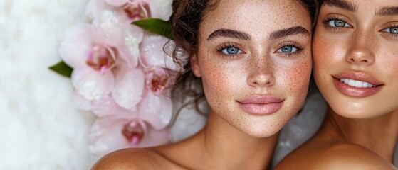 Sticker -  Two young women, their skin dotted with freckles, possessively cradle blue blooms against their chests during a photoshoot amidst floral background