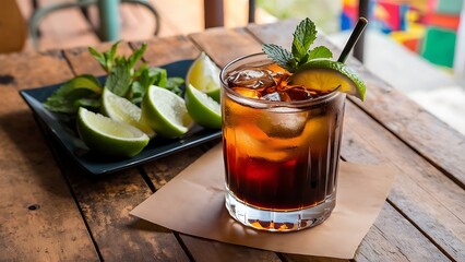 Cuba Libre cocktail with lime, ice, mint and tray on wooden table