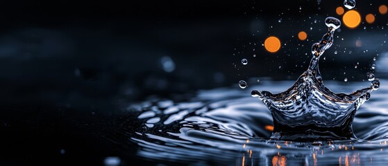 Wall Mural -  A macro shot of a water droplet showcasing a circular crown formation inside, surrounded by an orange-tinted background illuminated by distant lights