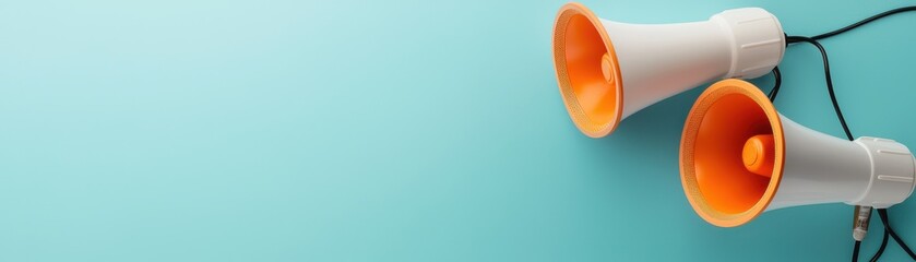 Two colorful megaphones against a vibrant blue background, symbolizing communication and announcement.