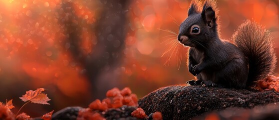 Sticker -  A black squirrel perched on a rock amidst a forest of orange and red leaves gazes at the camera