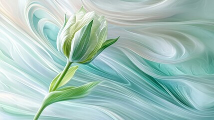 Wall Mural -  A solitary green bloom against a backdrop of blue and white, featuring intricate swirls