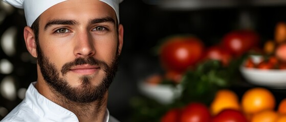 Wall Mural -  A bearded man in a chef's hat stands before a display of tomatoes and oranges