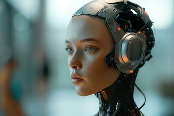 Poster - Close up of an android woman with a futuristic helmet looking away from the camera