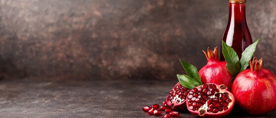 a dark background features a bottle of pomegranate and two pomegranates with leaves