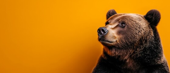 Wall Mural -  A tight shot of a brown bear's head against an orange backdrop, framed by a yellow wall behind it