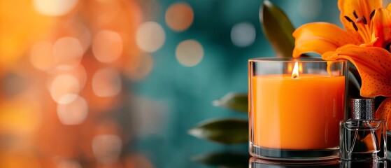 Sticker -  A tight shot of a glass holding a candle, and a vase filled with flowers on a table, surrounded by a softly blurred background