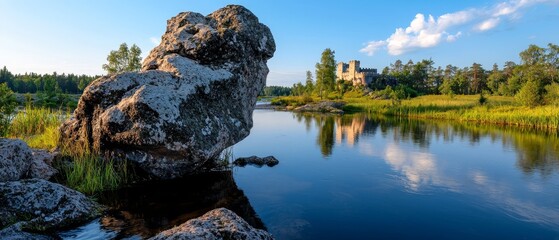 Wall Mural -  A large rock emerges from the center of a tranquil body of water In the distance, a majestic castle sits atop its hill on the opposite shore