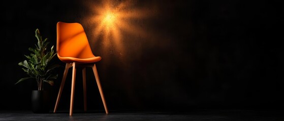 Poster -  A dark room houses an orange chair beside a potted plant Light emanates from behind the plant, illuminating the scene