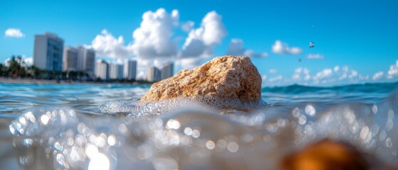 Poster -  A rock in the midst of a body of water, cityscape visible behind, clouds scattering across the sky