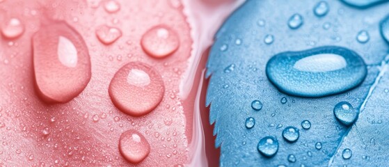  A tight shot of water droplets on a blue-pink surface, surrounded by pink and blue hues in the backdrop