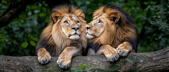 Wall Mural -  Two lions perched side by side on a tree branch against a verdant, leafy backdrop