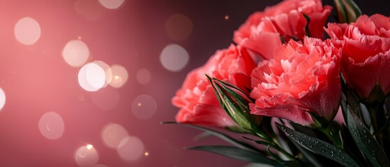 Wall Mural -  A tight shot of a bouquet of flowers against a pink backdrop with lights subtly blurred in the background