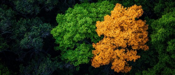 Wall Mural -  A bird's-eye perspective of a solitary tree amidst a woodland sea of green, yellow, and orange foliage