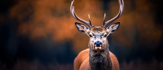 Wall Mural -  A tight shot of a deer's face, adorned with antlers atop its head, against a hazy backdrop