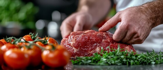 Sticker -  A tight shot of someone slicing a meat piece on a cutting board Tomatoes and herbs surround them in the background