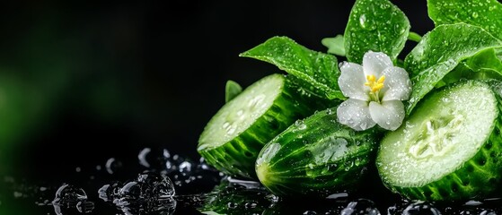 Wall Mural -  A tight shot of a cucumber, adorned with water beads and topped by a blooming flower