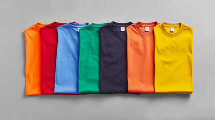 Variety of Colorful T-Shirts Arranged in Flat Lay on Gray Background, Ideal for Design and Branding, High-Resolution Mockup Template for Print and Digital Advertising.