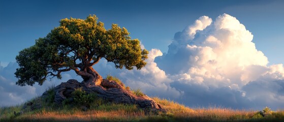 Sticker -  A tree atop a rock in a verdant field's heart, beneath a cloud-studded blue sky