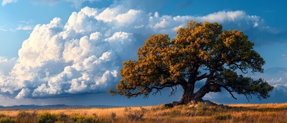 Wall Mural -  A large tree sits atop a parched grass field, surrounded by a cloudy blue sky In the foreground, a prominent yellow tree stands