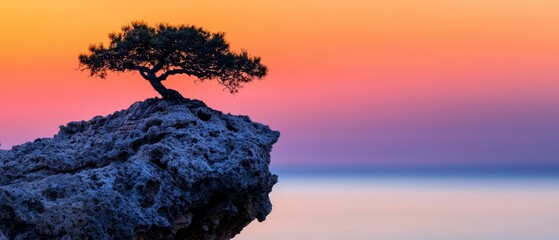 Poster -  A solitary tree atop a rocky outcropping against an orange, pink, and blue sky