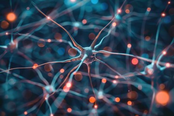 Poster - 3d rendering of a nerve cell communicating with other neurons through its network of axons and dendrites