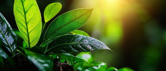 Sticker -  A sunlit close-up of a green plant's leafy side, with sunlight filtering through