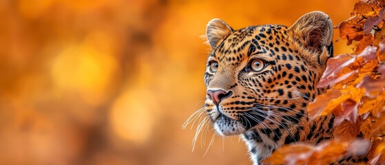 Wall Mural -  A tight shot of a leopard's face, gazing intently, near an orange-leafed tree in the backdrop