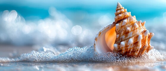 Poster -  Close-up of seashell on sandy beach, water splashes, blue sky behind