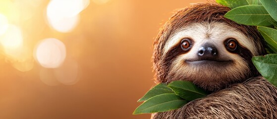 Wall Mural -  A tight shot of a smiling sloth on a leafy branch, its eyes bright and expressive