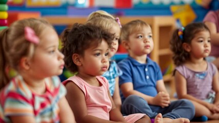 preschool children learning in classroom, diverse kindergarten kids listening to teacher, education 