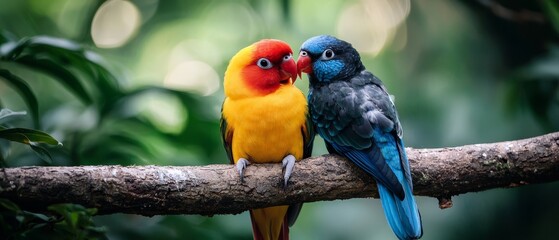 Wall Mural -  Vibrant birds perched side by side on a tree branch against a lush green background of foliage