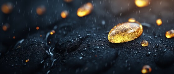 Wall Mural -  A tight shot of a yellow water droplet on a dark backdrop, surrounded by smaller droplets on its surface