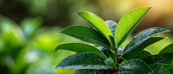 Sticker -  A tight shot of a verdant plant with dewdrops on its leaves and an indistinct backdrop