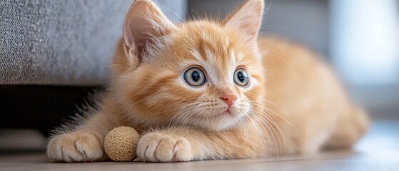 Wall Mural -  A close-up of a cat on the ground, with paws beneath it, gazing at the camera